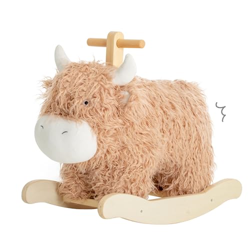 Image of Baby Rocking Horse for 1 Year Old,Wooden Cow/Yak Horse Rocking with Wicker Plush Wooden Ride On Toy for 2 Years Old Girl&Boy Nursery Birthday Gift