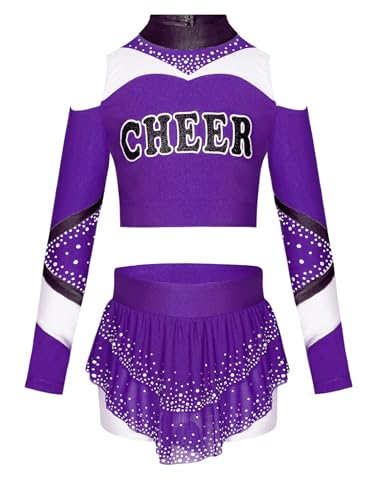 YEAHDOR Enfant Fille Déguisement Pompom Girl Costume de Cheerleading Paillette Manches Longues Uniforme de Pom-pom Girl Costume Carnaval Halloween Performance 5-16 ans Violet 13-14 ans