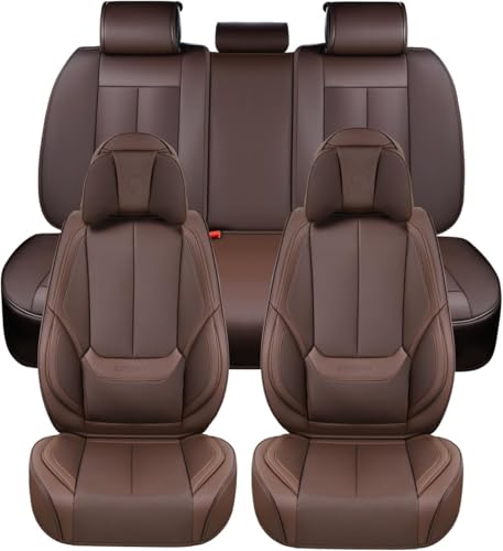 Image of Coverado Front and Back Seat Covers, 5 Pieces Waterproof Nappa Leather Auto Seat Protectors Full Set with Head Pillow, Universal Car Accessories Fit for Most Sedans SUV Pick-up Truck, Brown