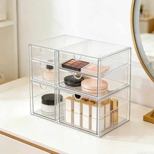 Image of Prsildan Acrylic Makeup Organizer Clear Storage Drawer with 6 Small Drawers | Transparent, Vanity Organizers, For Bathroom Kitchen Cabinet Office Desk Under Sink, Set of 2