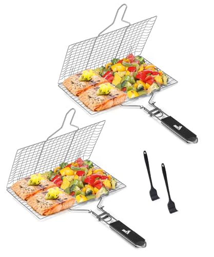 UNCO- Fish Grilling Basket, 2 Sets, Folding Portable Stainless Steel BBQ Grill Basket with Removable Handle and Silicon Basting Brush for Fish, Vegetables, Shrimp, Gifts for Dad, Husband & Friend