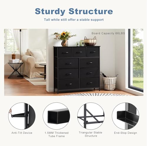 DUMOS Kommode mit Schubladen - Kommoden & Sideboards für Schlafzimmer Geeignet, Komodenschrank mit 9 Schubladen, Stoffkommode mit Stabilem Stahlrahmen, Ideal für Schlafzimmer, Wohnzimmer (Schwarz)