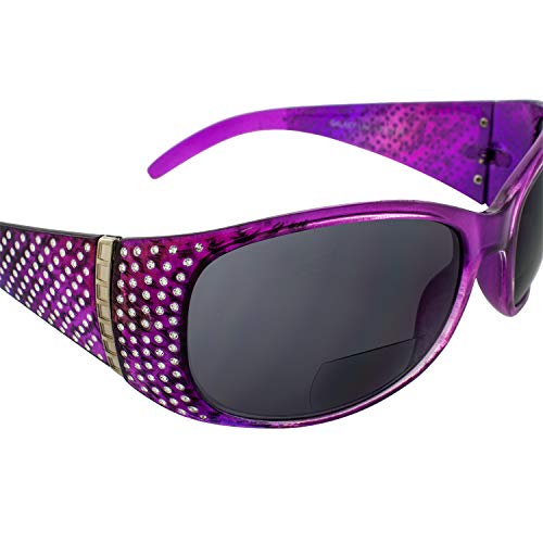 Global Vision Galaxy Womens Bifocal Fashion Motorcycle Sunglasses Chrome Rhinestone Look Lavender Frames Smoke Lenses 2.0 Magnification 6