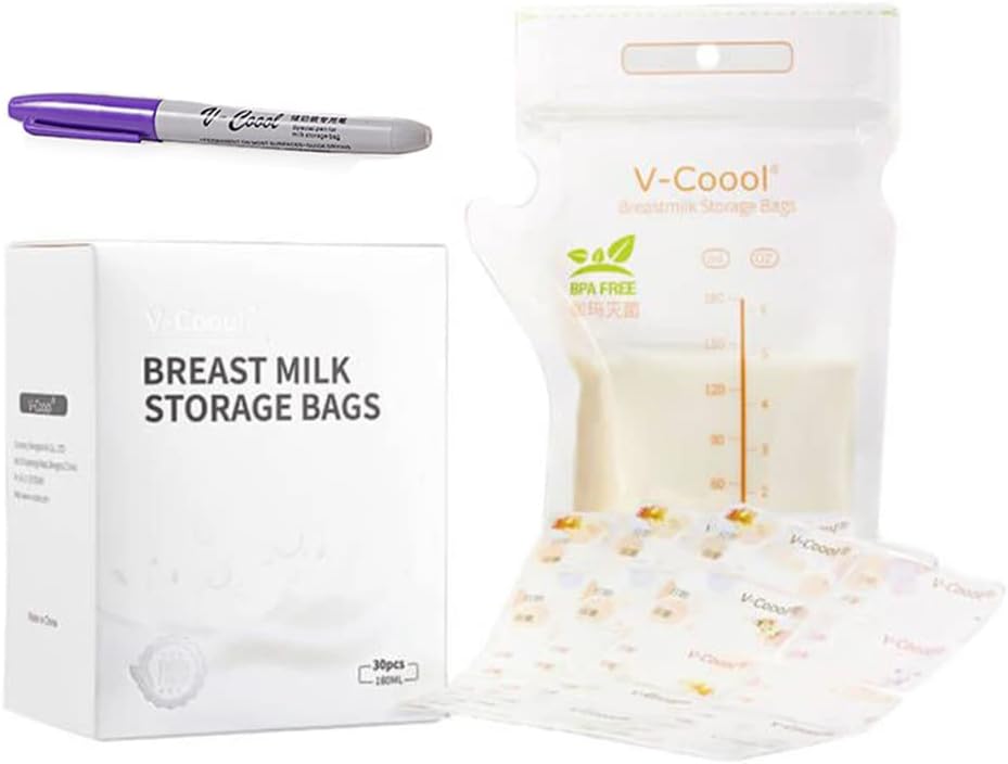FawoonuV-Coool milk Storage Bags Milk Storing Bags 180ml/6oz Capacity Pre-Sterilized BPA Zipper Seal Leak-Proof for feeding with Stickers and Pen, Pack of 30pcs