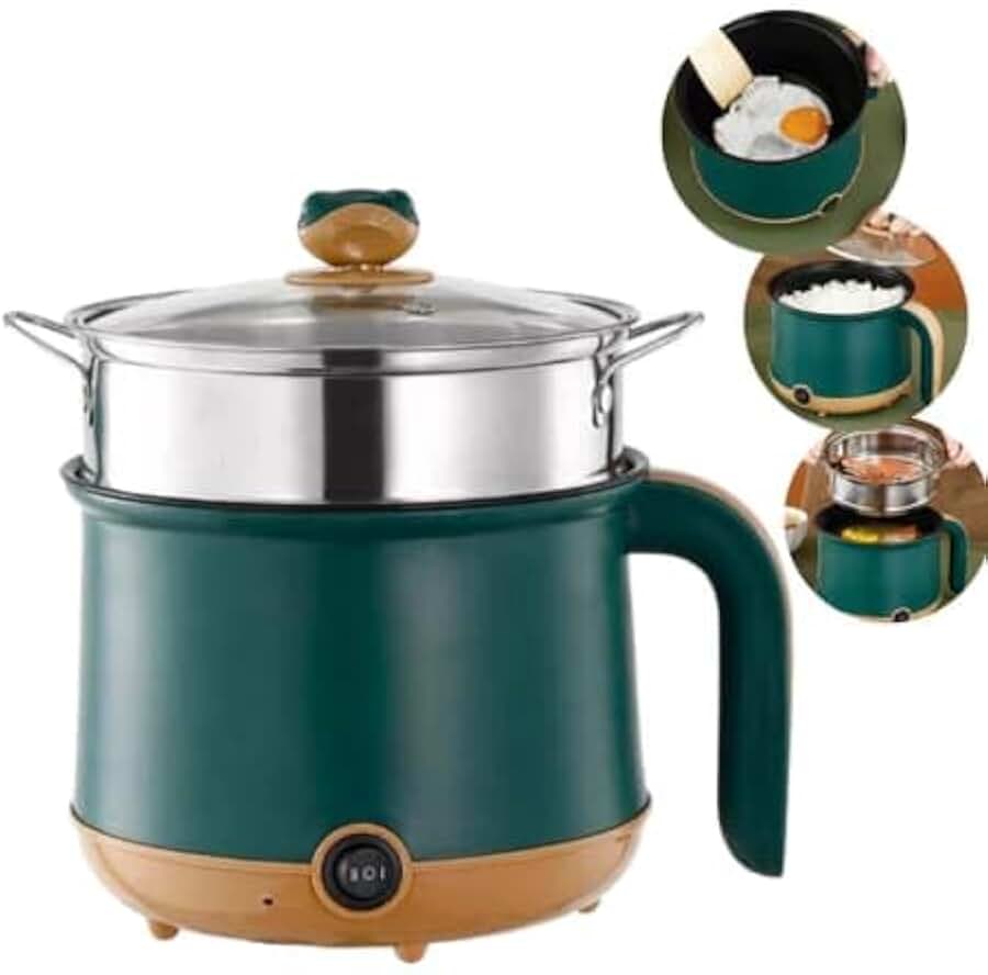 Panela Elétrica Multifuncional com Cozimento a Vapor, Verde e Bege, 1.8L, 600W, 110V, Antiaderente, Tampa de Vidro Temperado