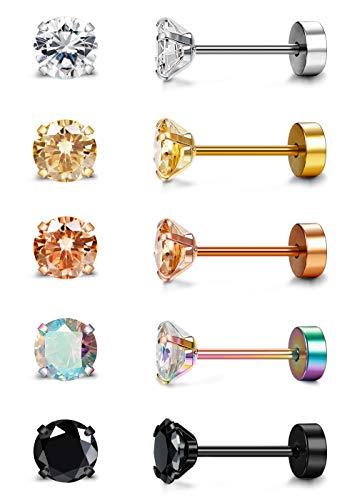 BESTEEL 20G Hypoallergenic Flat Back Earrings for Women Men Surgical Steel Stud Earrings Tiny Cubic Zirconia Cartilage Tragus Earrings Screw Back Earrings Set for Sensitive Ears 2/3/4/5/6MM