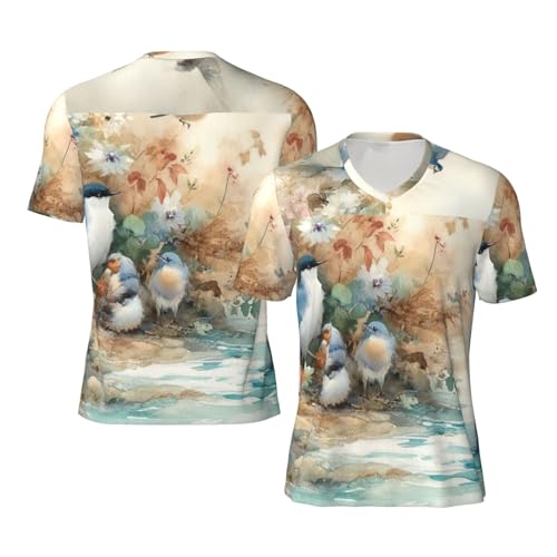 Stylish Athletic Sports Jersey Birds-Flowers-Watercolor Men's Rugby Jersey 4X-Large