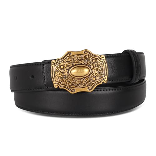 Image of Women's Fashion Classic Metal Buckle Leather Belt with Jeans Dress