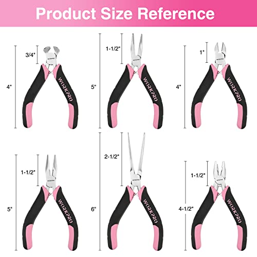 Workpro 6-Piece Mini Pliers Set, Needle Nose, Long Nose, Bent Nose, Diagonal, End Cutting And Linesman, For Crafts Work, Electronic Repair, With Pouch - Pink Ribbon #TOP7