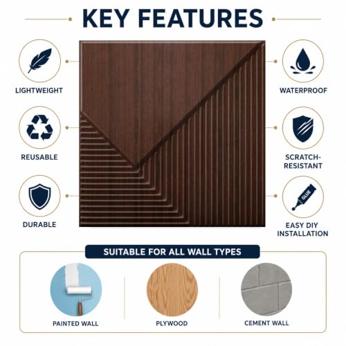 Image of Kayra Decor 3D PVC Wall Panels for Bedroom & Living Room | Plaina Design | Walnut Wood Color | 19.7 x 19.7 Inch | Pack of 12 | 32.28 Sq Ft