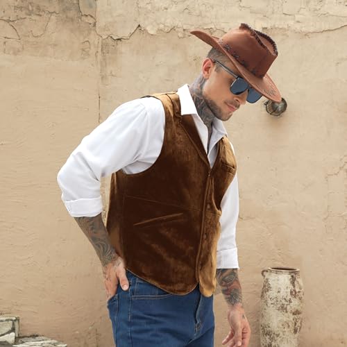 Men's Faux Suede Leather Suit Vest,Vintage Western Cowboy Casual Slim Dress Vest,Waistcoat for Wedding2
