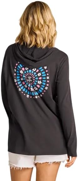 Life is Good. Women's Floral Folk Mandala Long Sleeve Crusher-LITE Hoodie, Faded Black