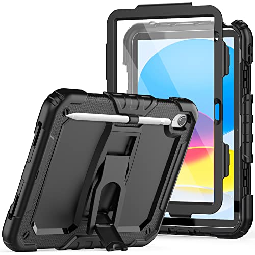 SEYMAC for iPad 10th Generation Case 10.9 inch 2022, Shockproof Case with Screen Protector/Foldable Stand/Pencil Holder for iPad 10th Gen, iPad 10 Case A2696/A2757/A2777 for kids, Black