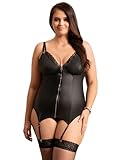 comeondear Sexy Faux Leather Lingerie with Garter Women Plus Size V-neck Teddy Black Zipper Babydoll Lingerie Set with G-String