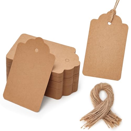 HAKACC 100 Stück Geschenkanhänger Braun, 4x7cm Kraftpapier Etiketten mit Juteschnur für Hochzeit Valentinstag Geburtstag DIY Basteln, Preisetiketten für Shops