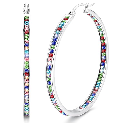 Dimaday Orecchini a Cerchio in Acciaio Inossidabile con Strass Multicolore - Set Gioielli Huggie per Donna 35/40/50mm