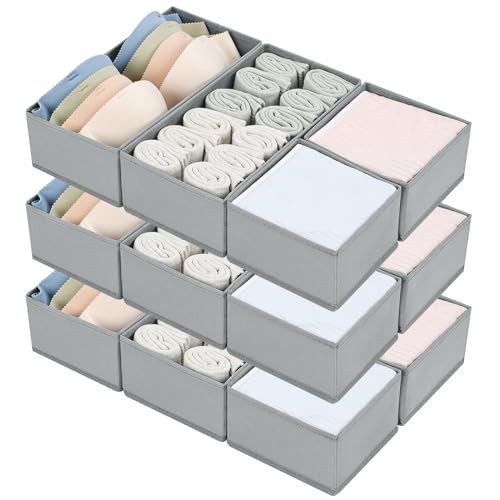 Image of DIMJ Drawer Organizers for Clothing, Set of 12 Dresser Drawer Organizers, Fabric Closet Organizers and Storage, Drawer Dividers for Baby Clothes, Socks, Belt, Tie (Grey)