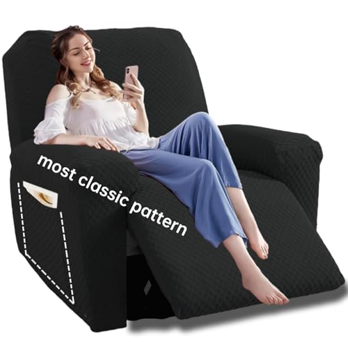 Image of YEMYHOM 4 Pieces Stretch Recliner Slipcover Jacquard Recliner Chair Cover with Side Pocket Anti-Slip Fitted Recliner Cover Couch Furniture Protector with Elastic Bottom (Recliner, Black)