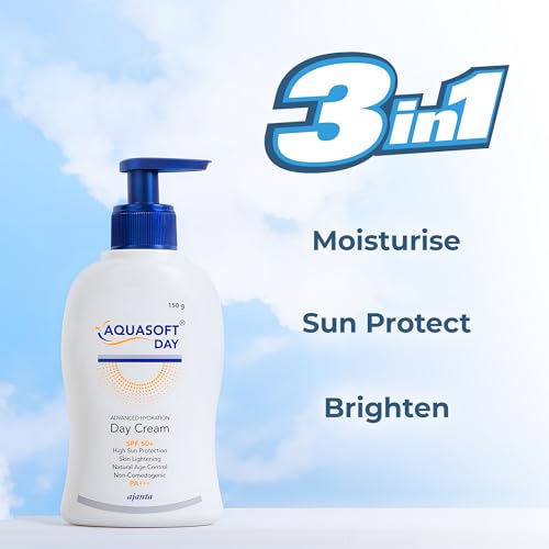 Image of Aquasoft Day Cream SPF50+ PA+++ w /Triple Action care for moisture, sun protection & brightening Formulated with Sodium Hyaluronate, Niacinamide, antioxidants, 150g,Pack of 2