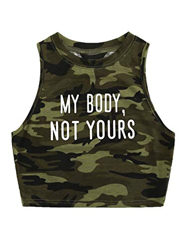 SweatyRocks Women's Summer Sleeveless Letter Camo Print Crop Top Casual Tank Top Green