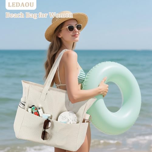 Image of LEDAOU Large Beach Tote Bag Women Waterproof Sandproof Zipper Beach Tote Bag for Pool Gym Grocery Travel with Wet Pocket | Sandproof