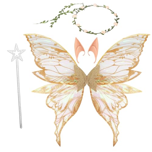 BUCOMTU Ailes de Fée Adulte Enfant avec Oreilles d'Elfe Bandeau Et Baguettes de Étoile pour Costume de Fée,Deguisement Carnaval,Halloween,Cosplay,Fête (Doré)