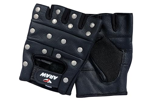 ARAW Fingerless Leather Gloves, Breathable Gloves for Men and Women, Fitness Gloves, Biker Gloves, Motorcycle Hand Gloves, Driving, Cycling, Gym (Studded, Small)