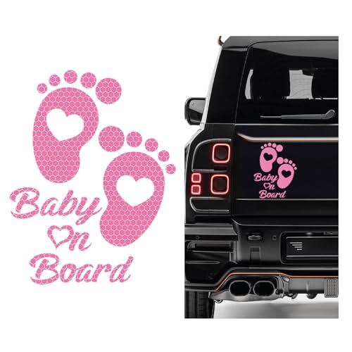 Image of Baby on Board Car Sticker, High Intensity Reflective Baby on Board Footprint Safety Warning Decal, Waterproof Kids on Board Baby in Car Feet Decal Sticker for Bumper (Pink)