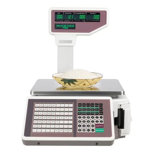 Label Printing Scale, 66LBS Electronic Price Computing Scale with Thermal Label Printer LCD Commercial Digital Price Computing Scale for Fruit Stores, Supermarkets, Snack Shops