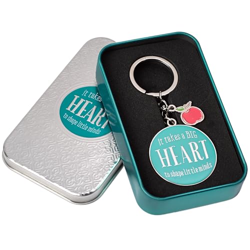 Christian Art Gifts Teacher Appreciation Keychain with Scripture: It Takes a Big Heart - 1 Cor. 16:14 Inspirational Bible Verse Blue Keychain with Apple Charm Accessory & Split Key Ring in Gift Tin