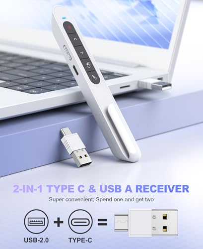 Image of 2 in 1 USB Type C Wireless Rechargeable Presenter Remote with Air Mouse, Volume Control Presentation Clicker PPT Pointer RF 2.4GZ PowerPoint Clicker Slide Advancer for Window Mac Keynote Google White