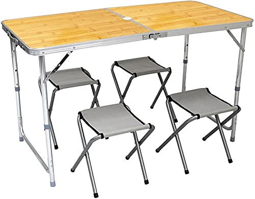 MERMONT アウトドアテーブル チェアセット 折りたたみ キャンプ ベランダ 4人用 ベージュ アルミテーブル コンパクト 120cm×60cm  BBQ 軽量 釣り