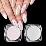 Pretty Diva White Pearl Chrome Nail Powder - 2 Colors Pearl Nail Powder Ice Transparent Aurora Chrome Nail Powder, High Gloss Pearlescent Iridescent Glitters Powder Metallic Pigment for Nails