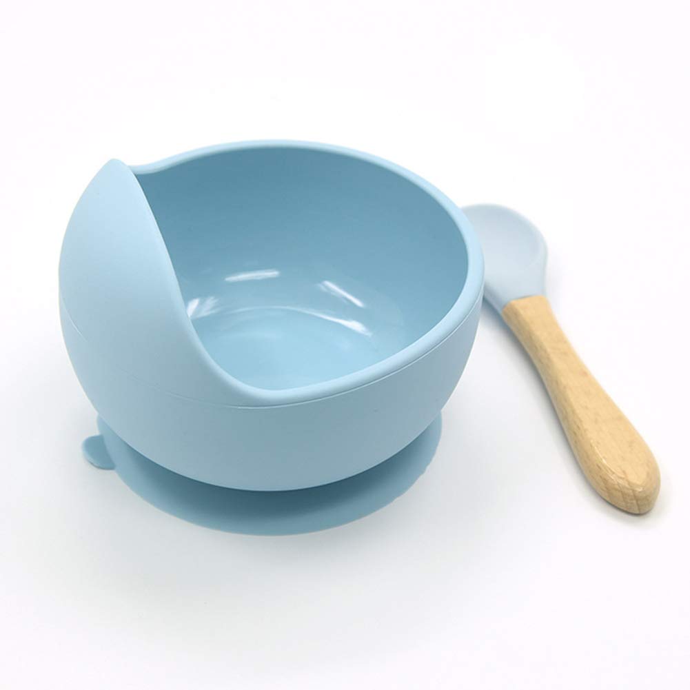 ELECDON Baby Suction Bowl with Wooden Spoon, Stay Put Food Grade Silicone BPA Free Feeding Bowl Stay Put Suction Bowls with Strong Suction Baby Dinner Storage Feeding for Weaning Baby Weaning (Blue)
