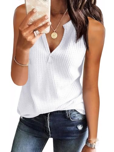 Womens Tank Tops V Neck Waffle Knit Summer Casual Sleeveless Loose Tee Shirts