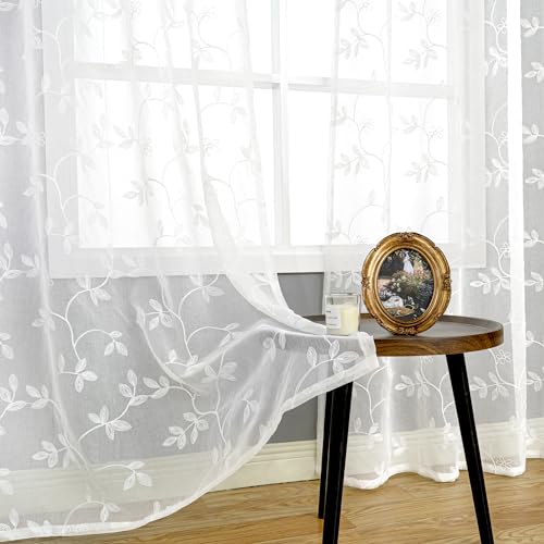 BGment Sheer Curtains 72 inches Length 2 Panels, Linen Textured Embroidered Leaf and Flower Pattern Grommet Light Filtering Privacy Window Semi Sheer Voile Drapes for Bedroom, 52 x 72 Inch, White