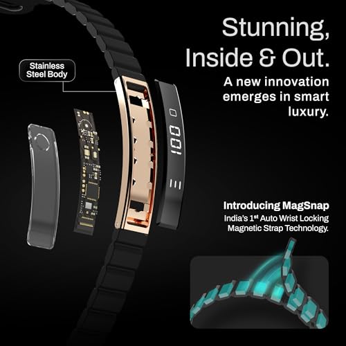 Image of Pebble Arq Smart Bracelet - Digital Display | Heart Rate & SpO2 Monitoring | Sleep Tracker | Sports Modes | Magnetic Strap | Premium Build - Obsidian Gold