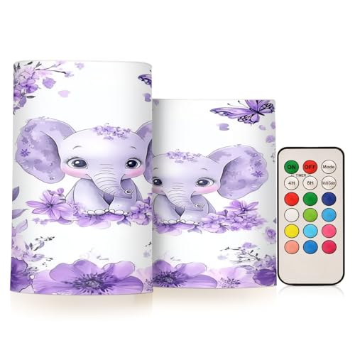 Image of Purple Elephant Butterfly Flower Flickering Flameless Candles LED Battery Operated with Remote Timer Pillar Candles for Home Birthday Wedding Christmas Decor, Set of 2