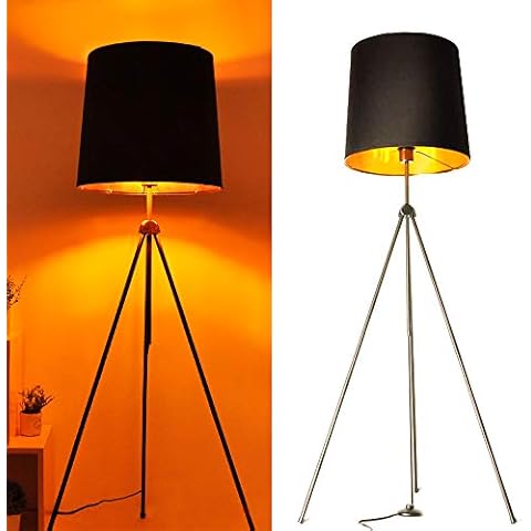 BarcelonaLED Standing Lamp Tripod Metal Modern Retro Nordic Design, Adjustable Height in Black Gold Vintage, with E27 Socket, Foot Switch for Dining Room, Living Room, Bedroom and Study Cover