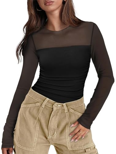 XIEERDUO Women's Sexy Sheer Long Sleeve Tops Crew Neck Mesh Ruched Going Out Shirts Blouse Date Night Outfits2