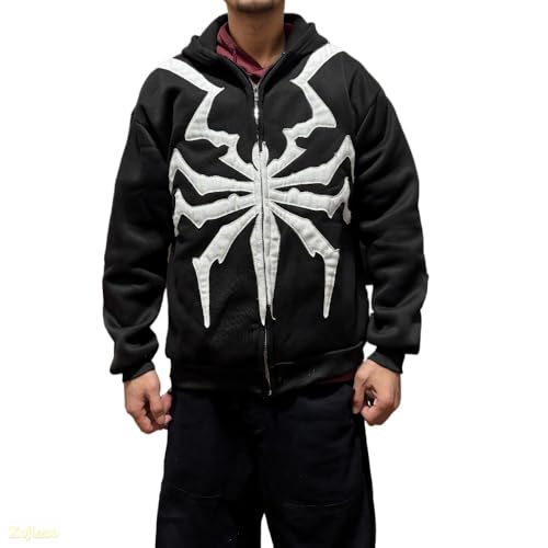 Unisex Gothic Spider Embroidery Hoodie Oversized Zip Up Sweatshirt Streetwear Y2k Dark Academia Jacket Back Graphic