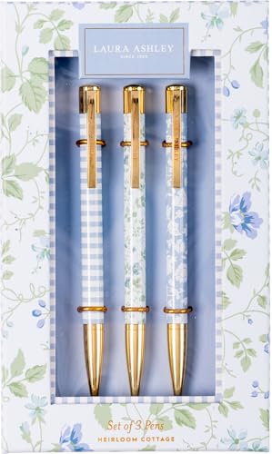 Laura Ashley Heirloom Cottage Pen Set – Elegant Refillable Ballpoint Pens with Floral Design & Gold Accents, Set of 3 in Decorative Gift Box – Smooth Writing Pens for Office, School & Journaling