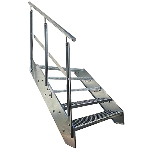 Premium Caillebotis acier Escalier à limon 5 Marches Entièrement galvanisé avec garde-corps à gauche - Dimensions (L x l x H) 101cm x 80cm x 95cm