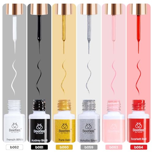 Image of Beetles Gel Liner Nail Polish 6 Pcs White French Tip Liner Pink Black Red Glitters Gold Silver Painted Swirl Gel Polish Set Built in Thin Brush Soak off Uv Led Lamp Nail Art Gifts for Women