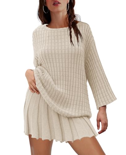 LAMISSCHE Womens Lounge Set Oversized 2 Piece Sweater Skirt Sets Long Sleeve Knit Top Pleated Skirts2