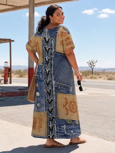 Image of SUZONANA Plus Size Denim Print Maxi Dresses for Women Casual V Neck Short Sleeve with Pockets Soft Jean Look Dress XL-6XL