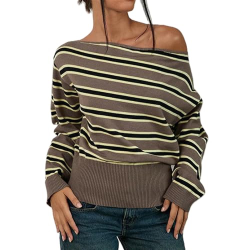Women Y2k Oversized Striped Sweaters Teen Girl Vintage Harajuku Loose Sweater Long Sleeve Off The Shoulder Jumpers