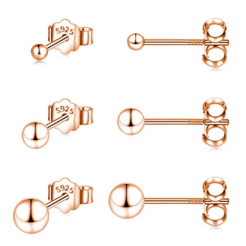 Sterling Silver Ball Stud Earrings Set Of 3 Pairs 2Mm 3Mm 4Mm Tiny Balls Earring Hypoallergenic Jewelry (Rose Gold) #TOP5