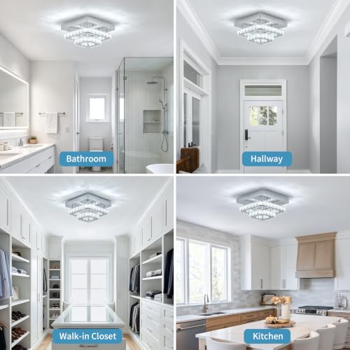 ECOBRT 9.8 Inch Chrome Square Crystal Flush Mount Ceiling Light, Modern Built-in LED Chandelier for Bedroom, Bathroom, Dining Room and Hallway by ECOBRT - Used condition - Image 2