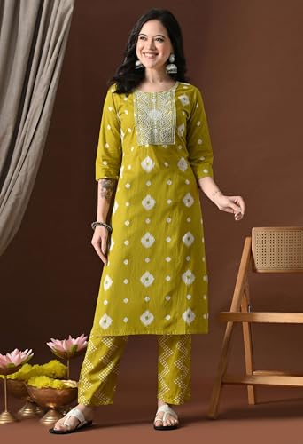 Image of Amazon Brand - Tavasya Women Cotton Anarkali Kurta Pant Dupatta Set | Printed Ethnic Suit Set | Flared Anarkali Kurta with Pant & Dupatta | Festive & Casual Wear